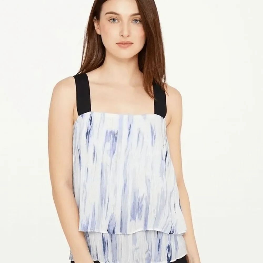 DKNY Women's Blue & Black Sleeveless Contrast Strap Crepe Blouse M